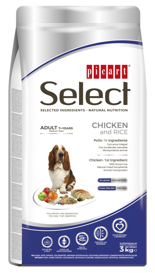 Picart Select 7+ - Ração seca para cão com mais de 7 anos - Frango e arroz
